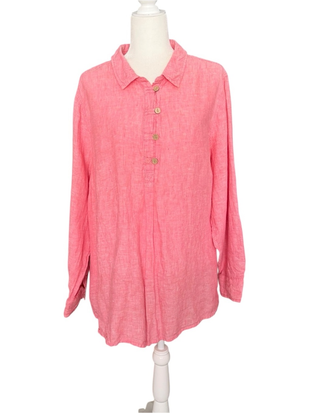 Sigrid Olsen 100% Linen Coral Pink Popover Tunic Blouse Roll Tab Sleeve